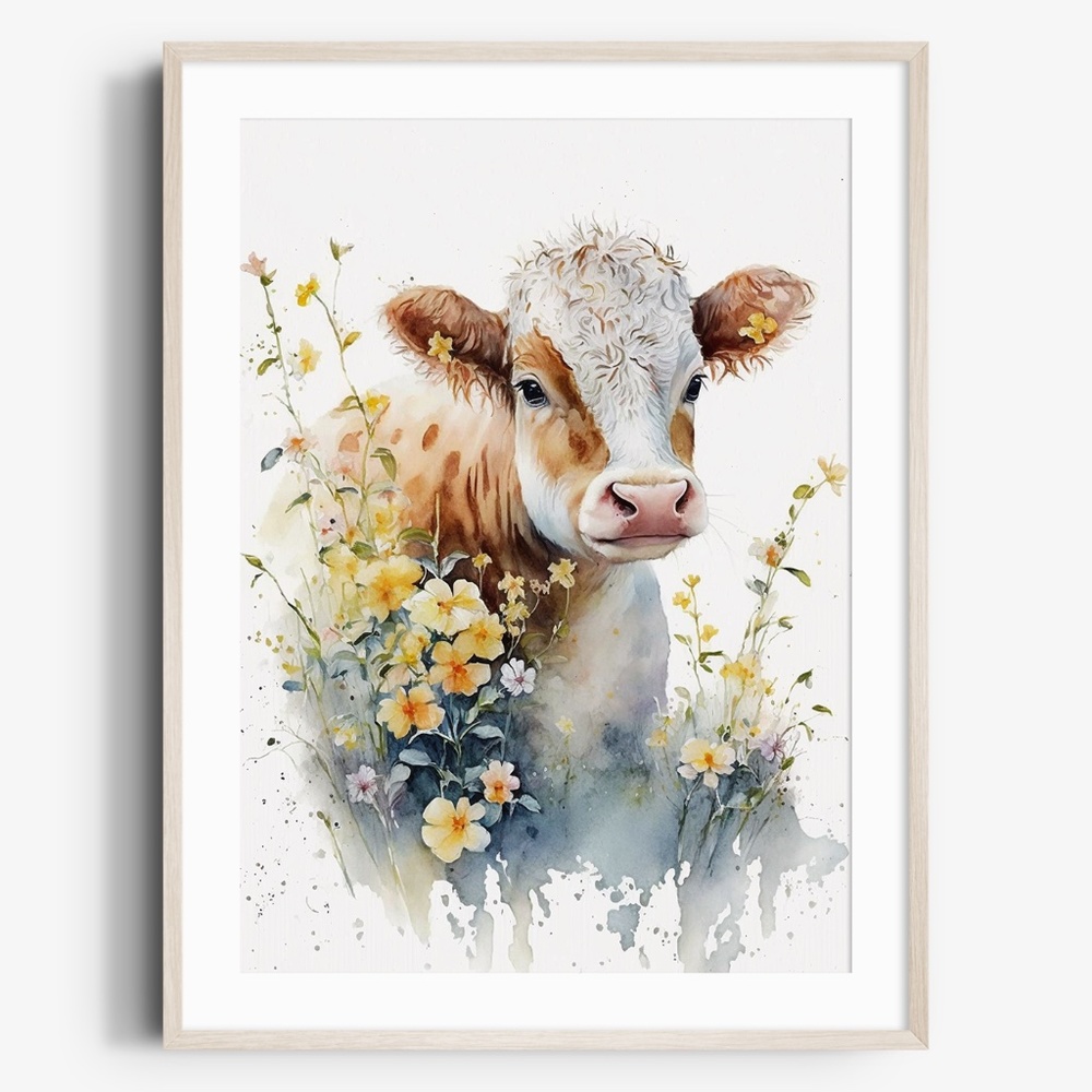 Watercolor Cute Floral Farm Cow Wall Art Illustration Print Poster Unframed